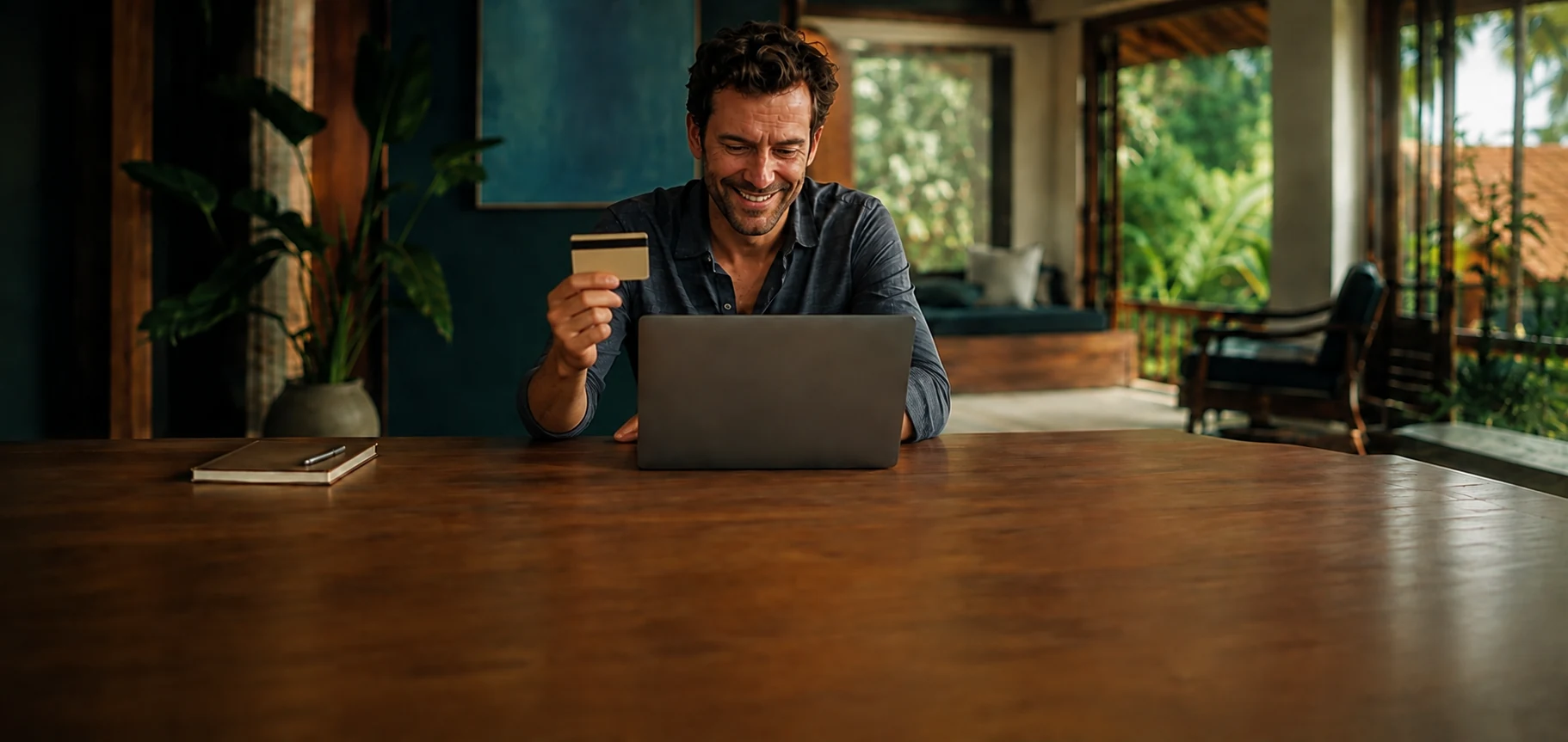 A relieved founder smiles at his product while holding a payment card
